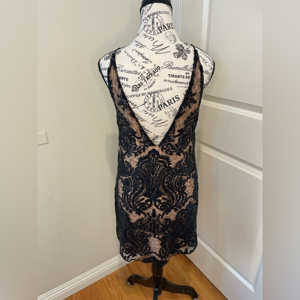 Free People Mini Black Sequence Cocktail deep V front and back dress Size 4 - Picture 4 of 12